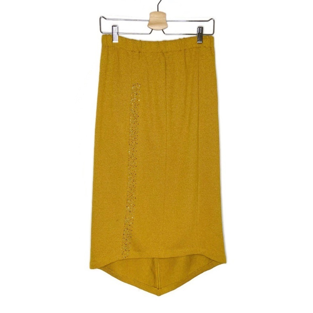 Vintage Mustard Yellow Pointed Hem Rhinestone Midi Knit Skirt